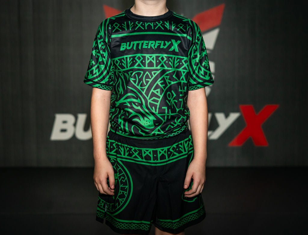 Front of Green Ranked Jiu-Jitsu Rashguard - Fenrir (close)