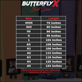 Butterfly X belt size chart with measurements on a dark background