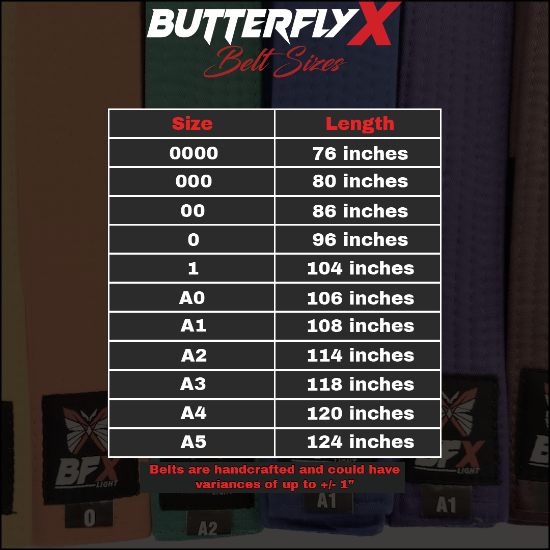 Butterfly X belt size chart with measurements on a dark background